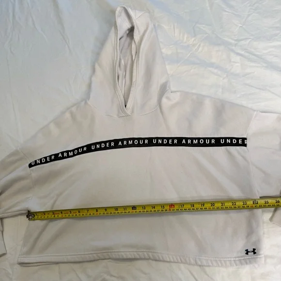 Under Armour White Logo Tape Hoodie Loose Fit Women’s Medium Athleisure Fleece - Picture 10 of 12
